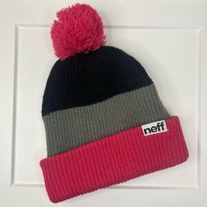 Neff Color Block Pink Gray Black Ribbed Knit Acrylic Beanie with PomPom